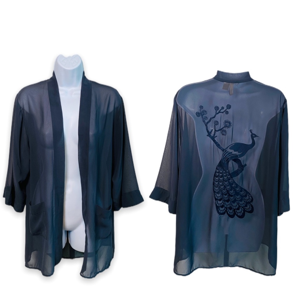 H&M Divided Navy Blue Sheer Kimono Style Embroidered Peacock Top Size 4